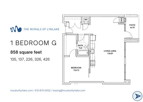 Floor plan for 1 bed, 1 bath, 858 sqft